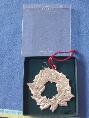Seagull Silver Holly Wreath Ornament with Red Ribbon